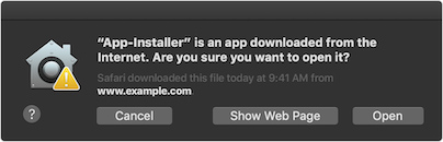 Gatekeeper Dialog before Catalina where an app that is not notarized is first opened (Mojave macOS 10.14 dialog)